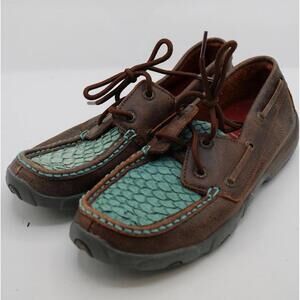 Twisted X Brown and Turquoise Leather Boat Shoes with Textured Pattern Womens 6M